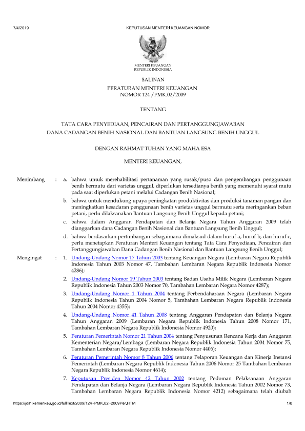 Peraturan Menteri Keuangan Nomor 124/PMK.02/2009