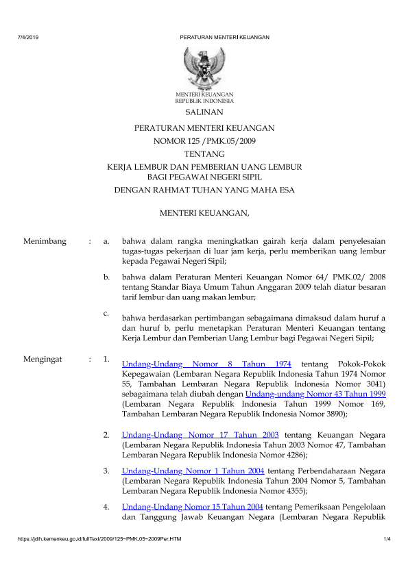 Peraturan Menteri Keuangan Nomor 125/PMK.05/2009