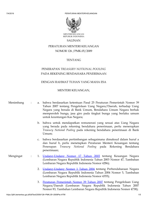 Peraturan Menteri Keuangan Nomor 126/PMK.05/2009