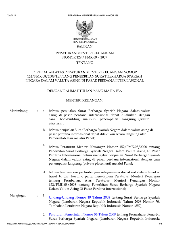 Peraturan Menteri Keuangan Nomor 129/PMK.08/2009