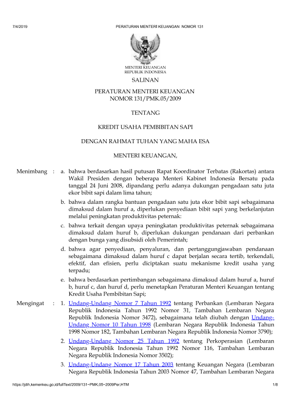 Peraturan Menteri Keuangan Nomor 131/PMK.05/2009