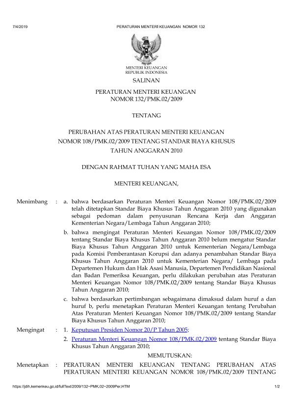 Peraturan Menteri Keuangan Nomor 132/PMK.02/2009