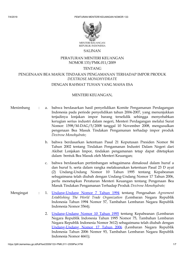 Peraturan Menteri Keuangan Nomor 133/PMK.011/2009