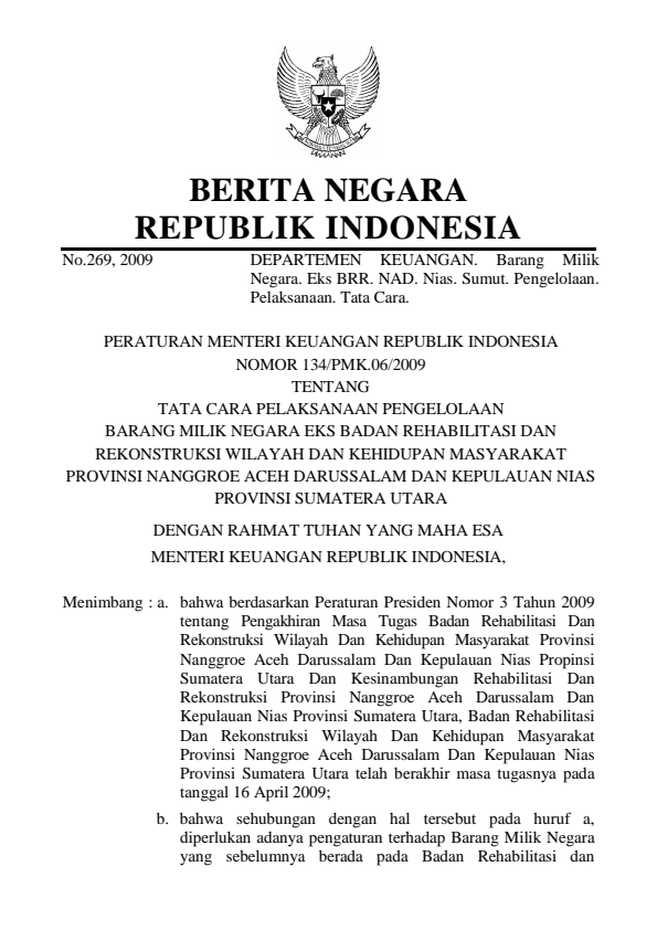 Peraturan Menteri Keuangan Nomor 134/PMK.06/2009