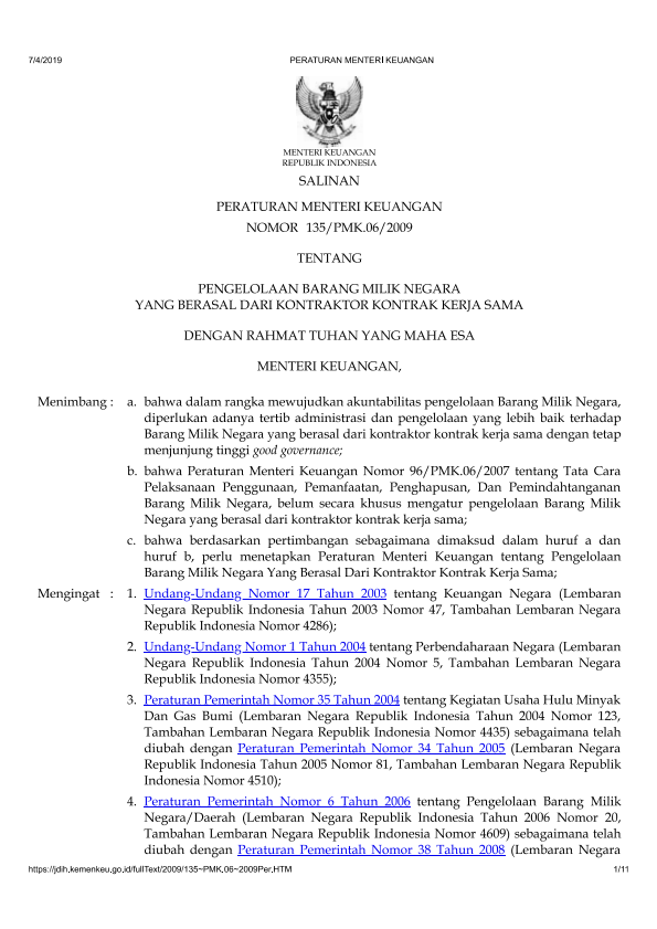 Peraturan Menteri Keuangan Nomor 135/PMK.06/2009