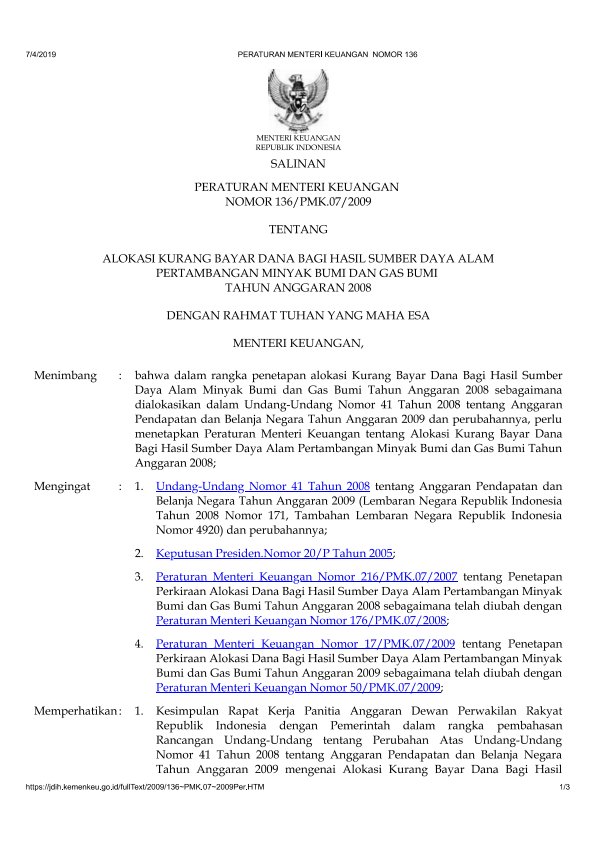 Peraturan Menteri Keuangan Nomor 136/PMK.07/2009