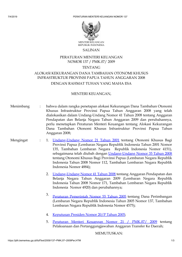 Peraturan Menteri Keuangan Nomor 137/PMK.07/2009