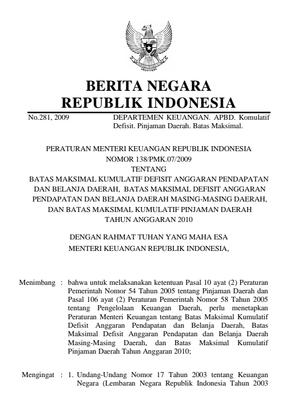 Peraturan Menteri Keuangan Nomor 138/PMK.07/2009