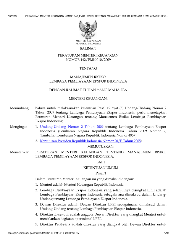 Peraturan Menteri Keuangan Nomor 142/PMK.010/2009