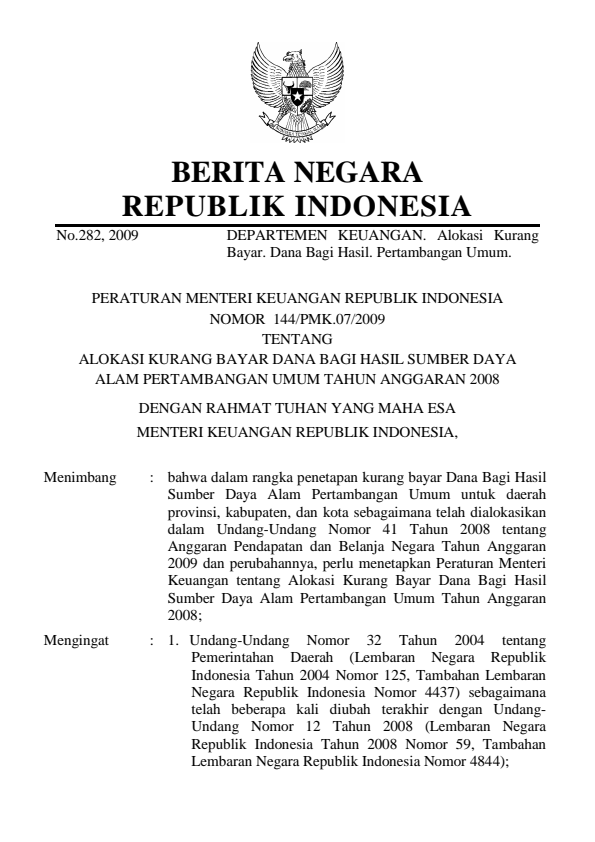 Peraturan Menteri Keuangan Nomor 144/PMK.07/2009