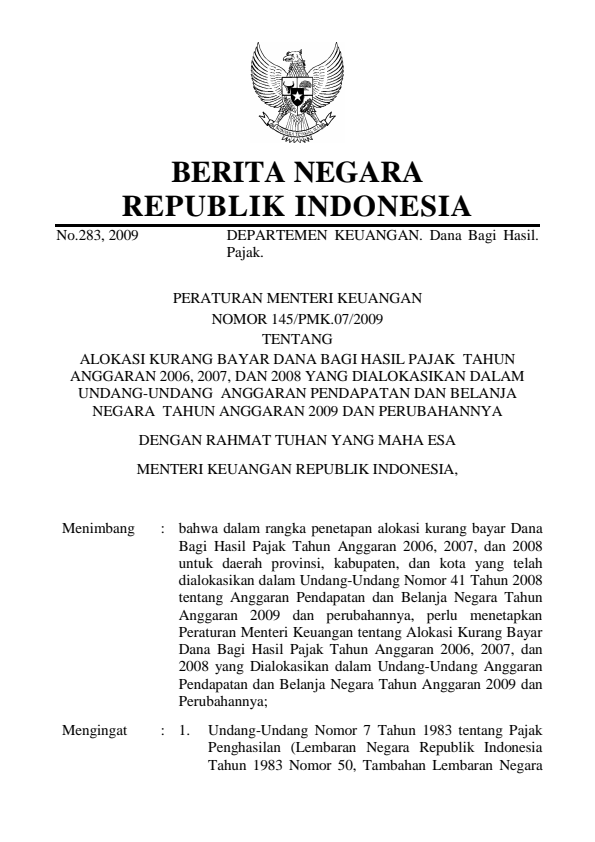 Peraturan Menteri Keuangan Nomor 145/PMK.07/2009