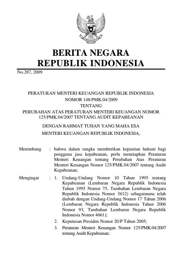 Peraturan Menteri Keuangan Nomor 148/PMK.04/2009