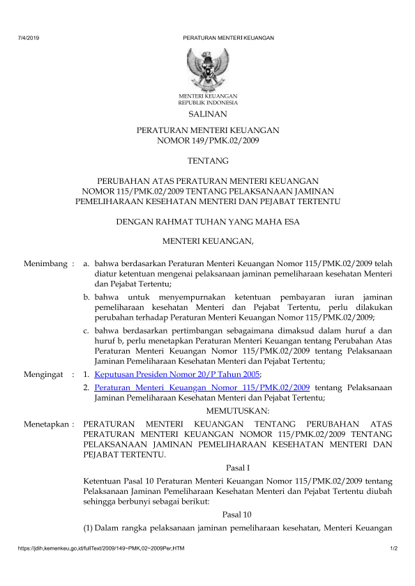 Peraturan Menteri Keuangan Nomor 149/PMK.02/2009