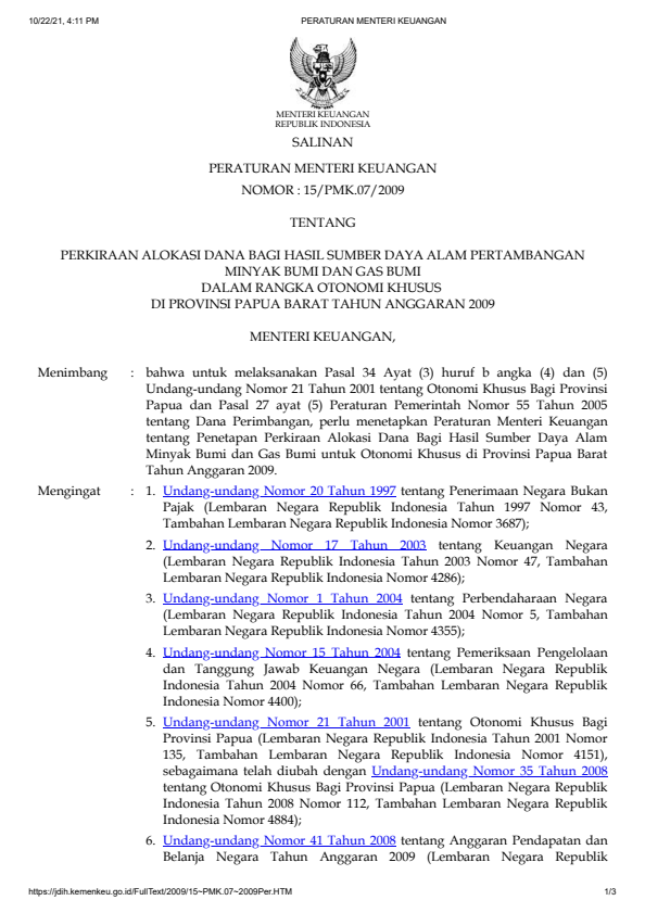 Peraturan Menteri Keuangan Nomor 15/PMK.07/2009