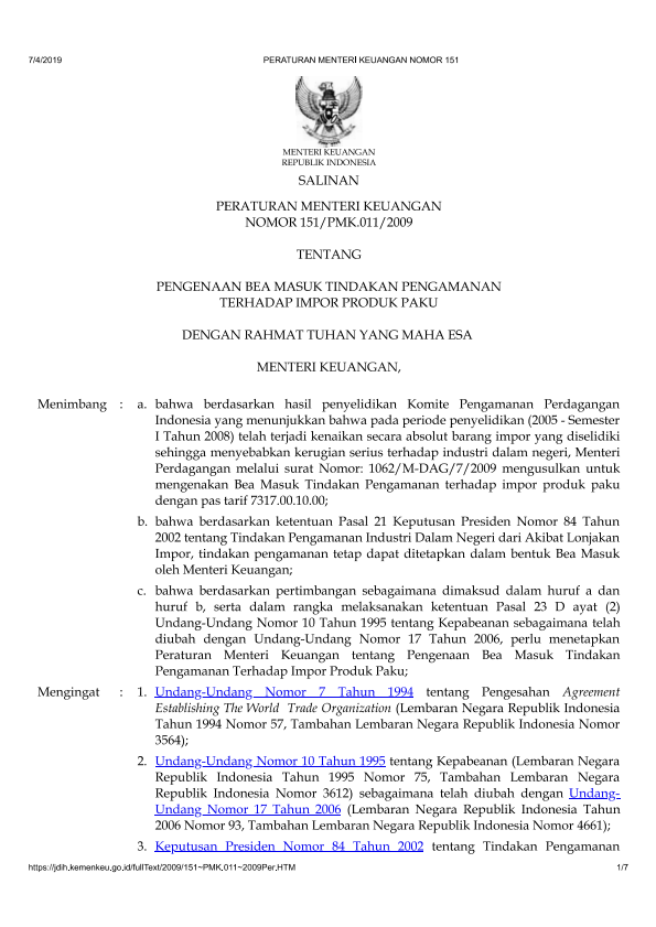 Peraturan Menteri Keuangan Nomor 151/PMK.011/2009