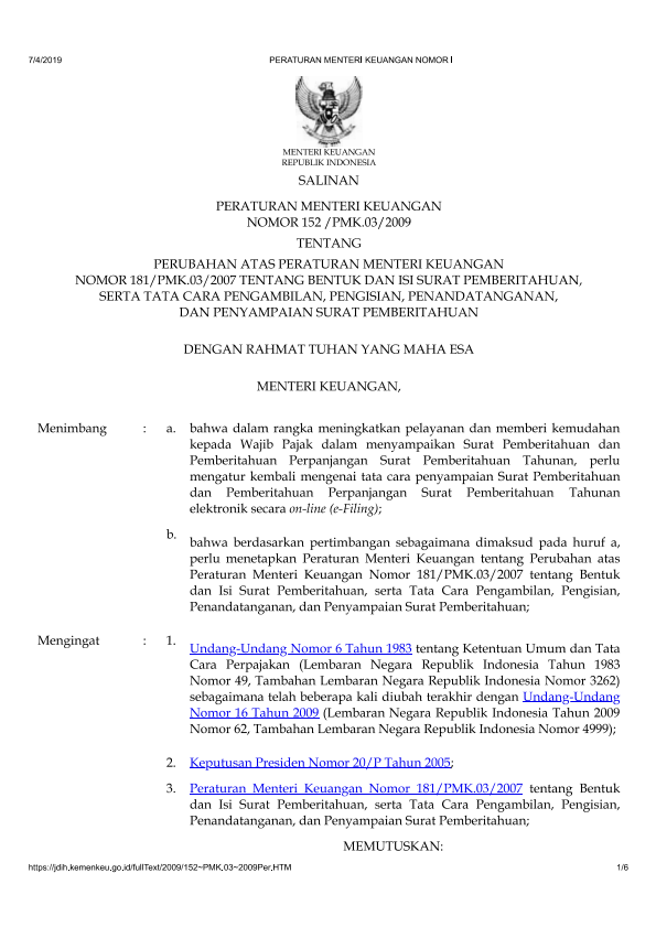 Peraturan Menteri Keuangan Nomor 152/PMK.03/2009