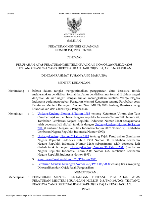 Peraturan Menteri Keuangan Nomor 154/PMK.03/2009