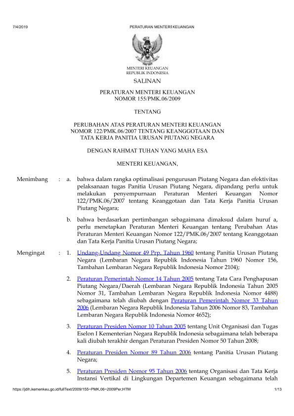 Peraturan Menteri Keuangan Nomor 155/PMK.06/2009