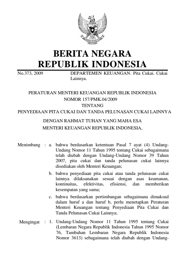 Peraturan Menteri Keuangan Nomor 157/PMK.04/2009