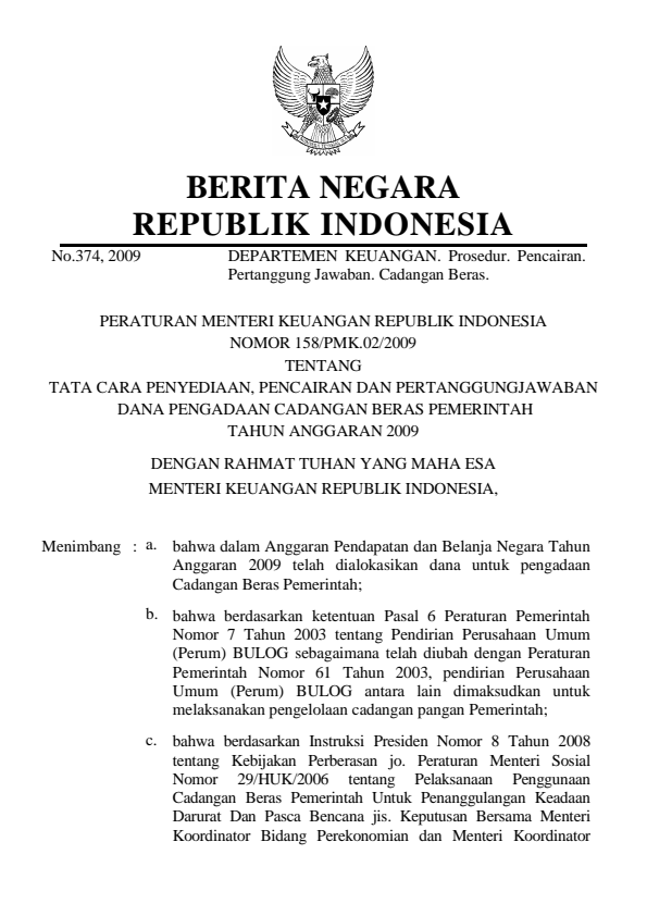 Peraturan Menteri Keuangan Nomor 158/PMK.02/2009