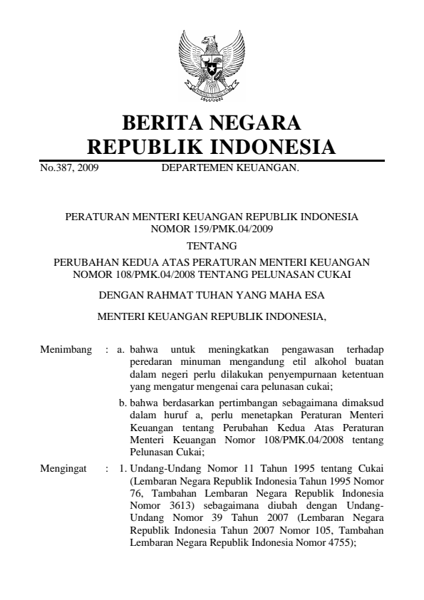 Peraturan Menteri Keuangan Nomor 159/PMK.04/2009