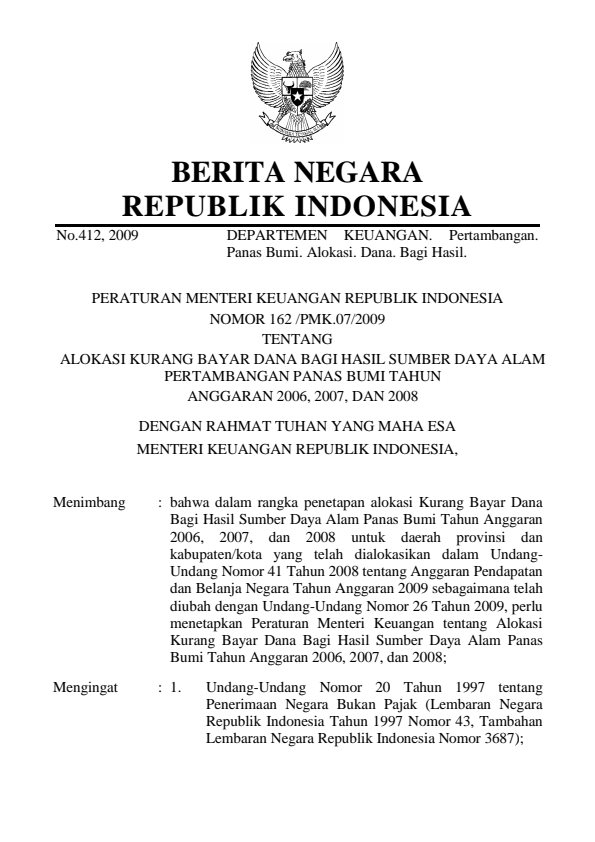 Peraturan Menteri Keuangan Nomor 162/PMK.07/2009