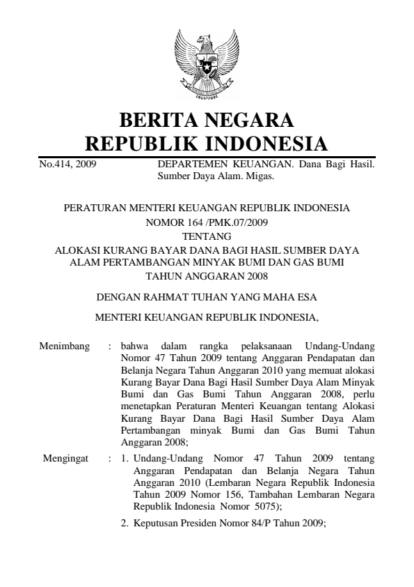 Peraturan Menteri Keuangan Nomor 164/PMK.07/2009