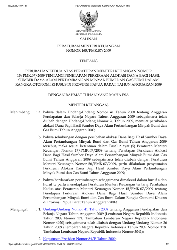 Peraturan Menteri Keuangan Nomor 165/PMK.07/2009