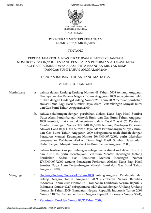 Peraturan Menteri Keuangan Nomor 167/PMK.07/2009