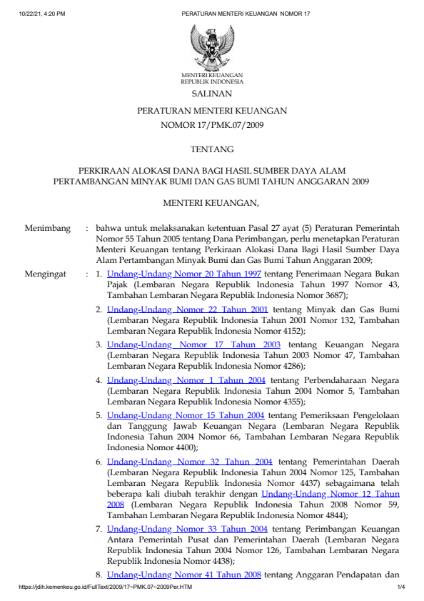 Peraturan Menteri Keuangan Nomor 17/PMK.07/2009