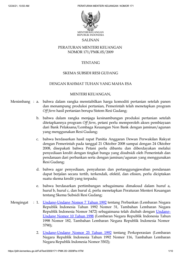 Peraturan Menteri Keuangan Nomor 171/PMK.05/2009