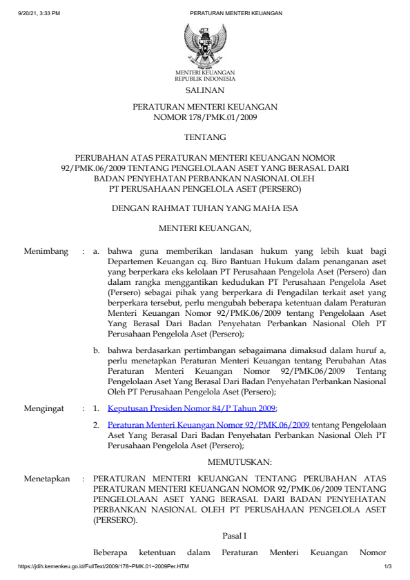 Peraturan Menteri Keuangan Nomor 178/PMK.01/2009