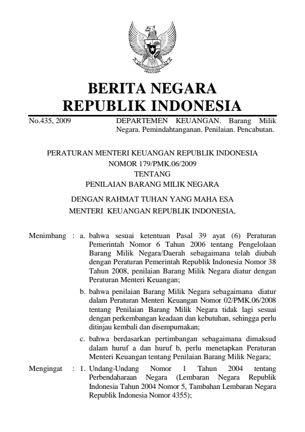 Peraturan Menteri Keuangan Nomor 179/PMK.06/2009