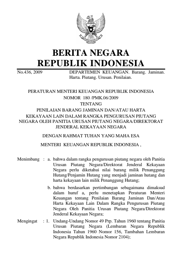 Peraturan Menteri Keuangan Nomor 180/PMK.06/2009
