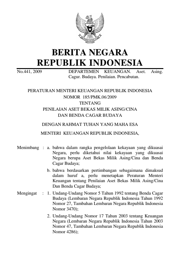 Peraturan Menteri Keuangan Nomor 185/PMK.06/2009