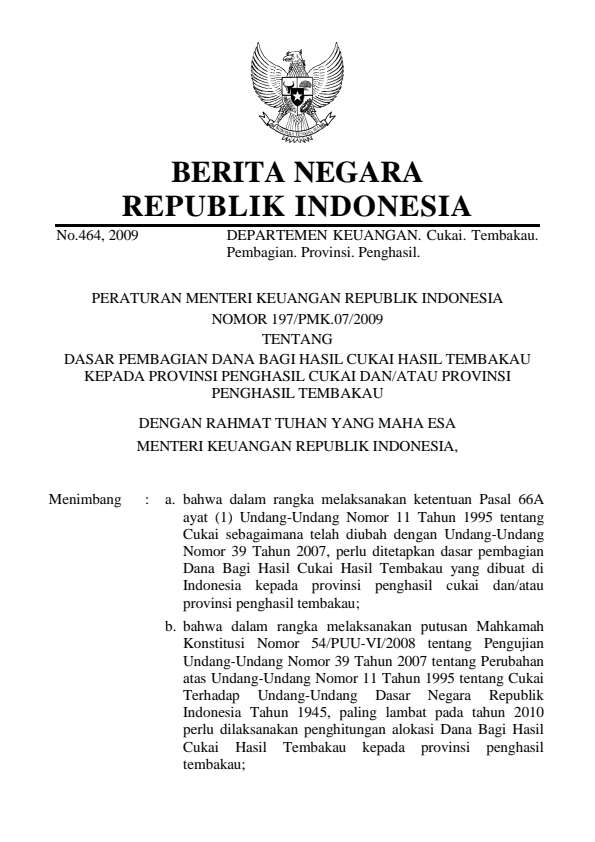 Peraturan Menteri Keuangan Nomor 197/PMK.07/2009