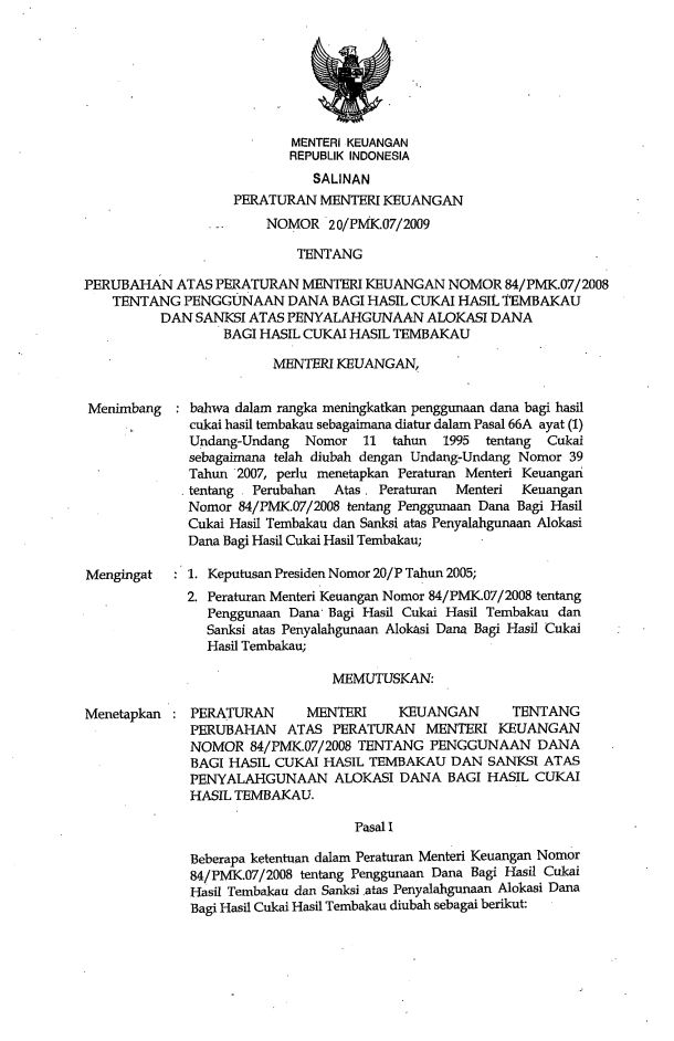 Peraturan Menteri Keuangan Nomor 20/PMK.07/2009