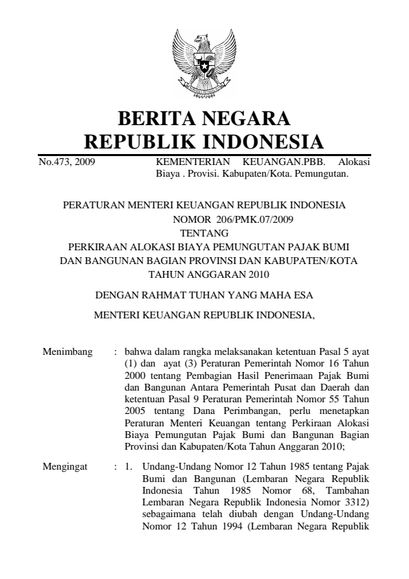 Peraturan Menteri Keuangan Nomor 206/PMK.07/2009