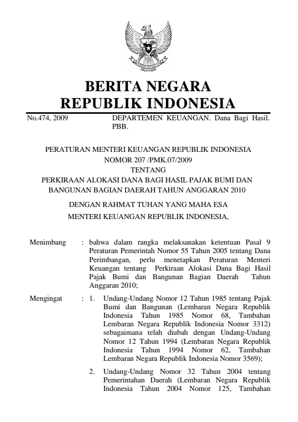 Peraturan Menteri Keuangan Nomor 207/PMK.07/2009