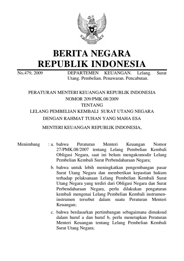 Peraturan Menteri Keuangan Nomor 209/PMK.08/2009