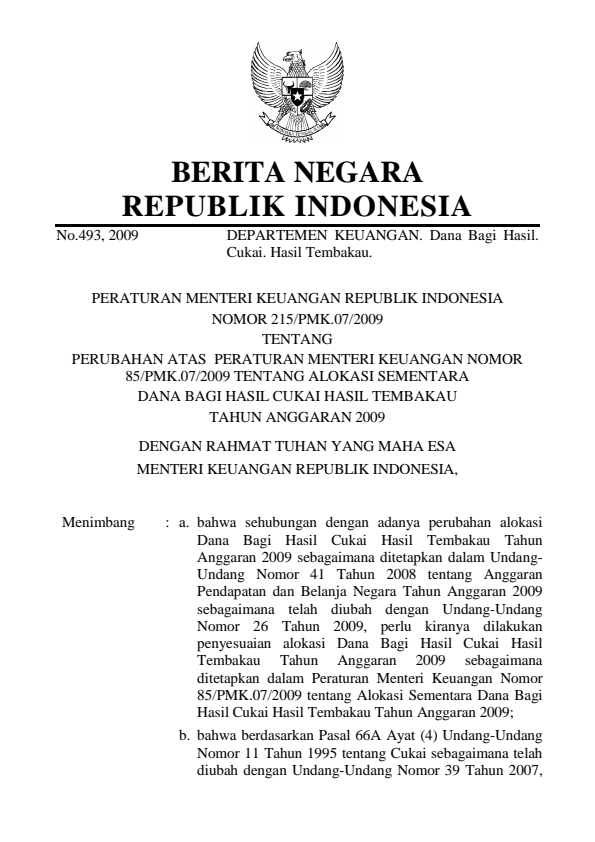 Peraturan Menteri Keuangan Nomor 215/PMK.07/2009