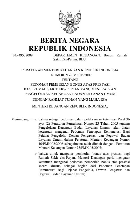 Peraturan Menteri Keuangan Nomor 217/PMK.05/2009