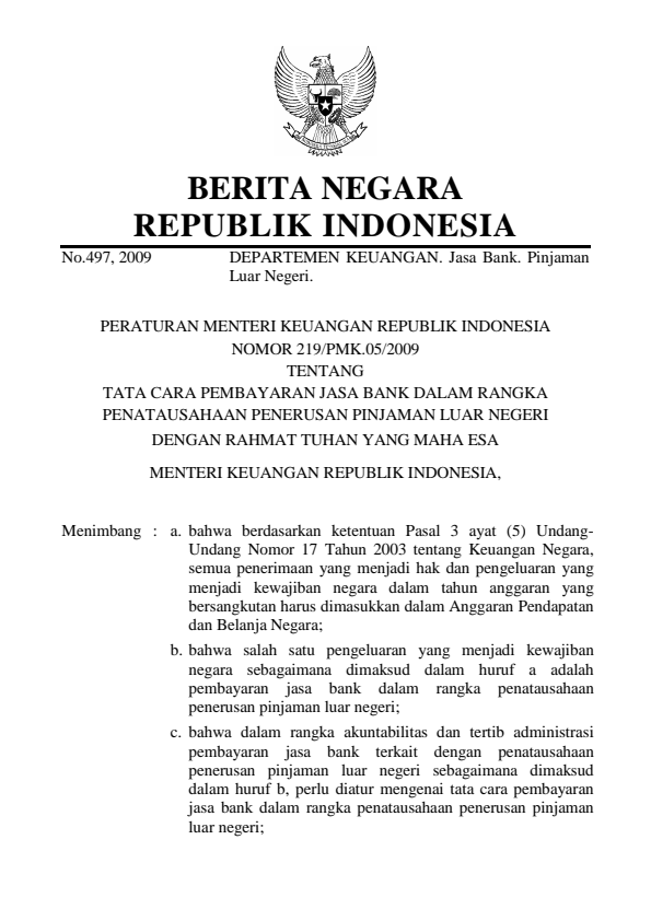 Peraturan Menteri Keuangan Nomor 219/PMK.05/2009