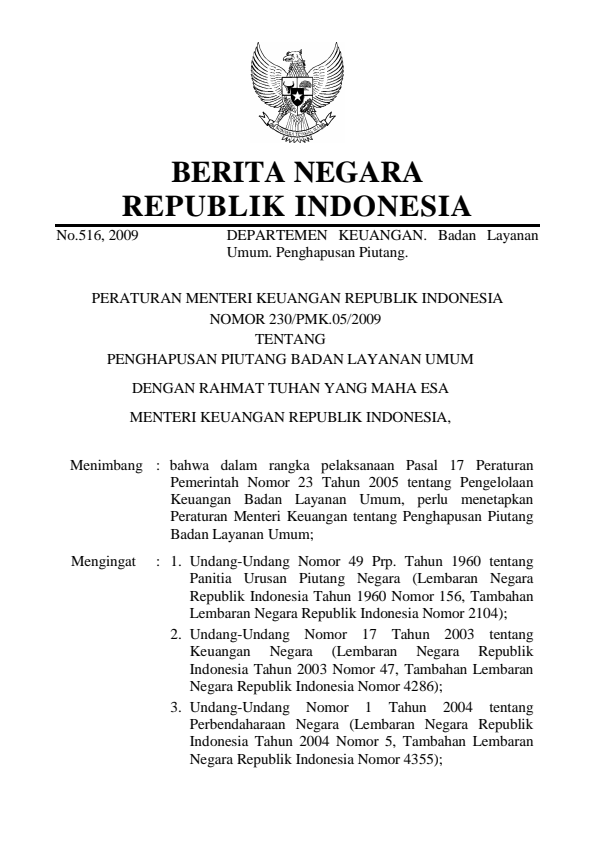 Peraturan Menteri Keuangan Nomor 230/PMK.05/2009