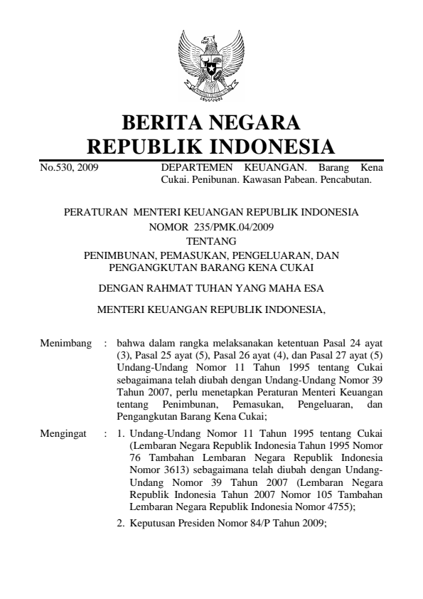 Peraturan Menteri Keuangan Nomor 235/PMK.04/2009