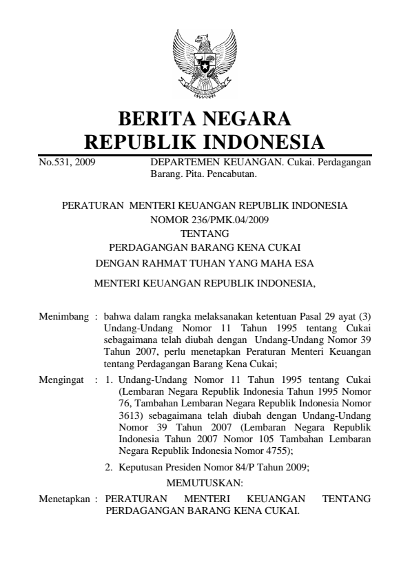 Peraturan Menteri Keuangan Nomor 236/PMK.04/2009