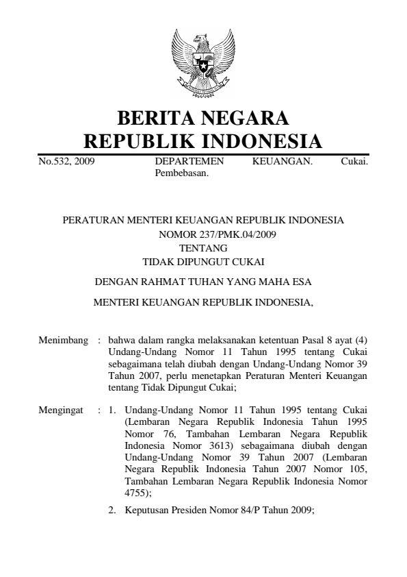 Peraturan Menteri Keuangan Nomor 237/PMK.04/2009