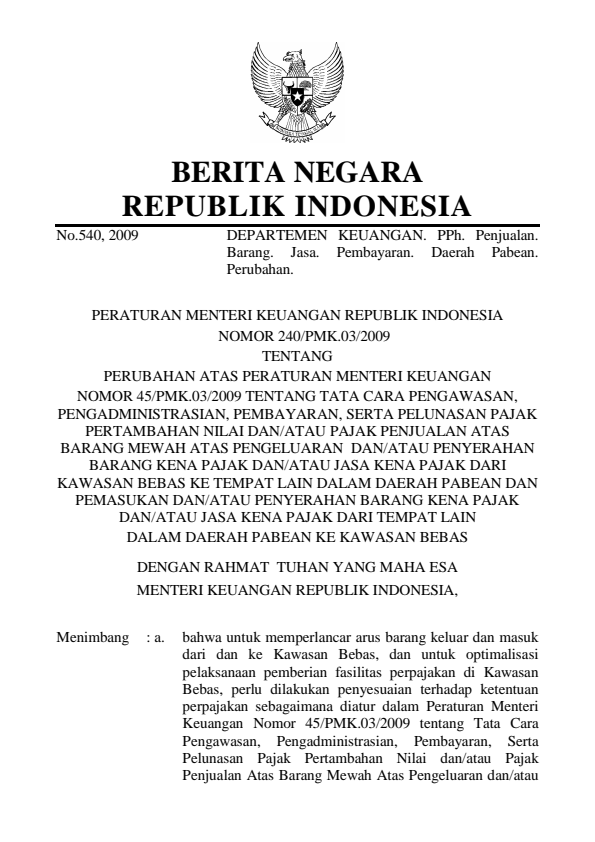 Peraturan Menteri Keuangan Nomor 240/PMK.03/2009