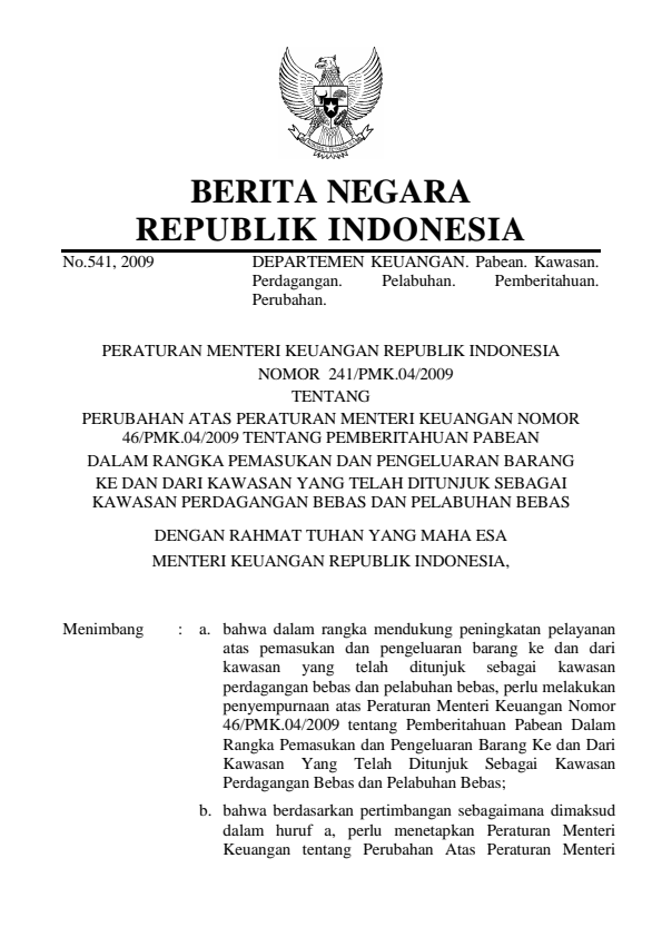 Peraturan Menteri Keuangan Nomor 241/PMK.04/2009