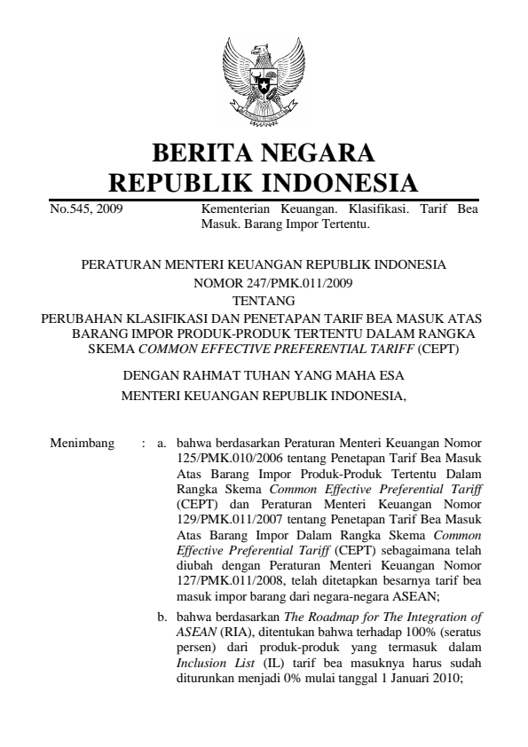 Peraturan Menteri Keuangan Nomor 247/PMK.011/2009